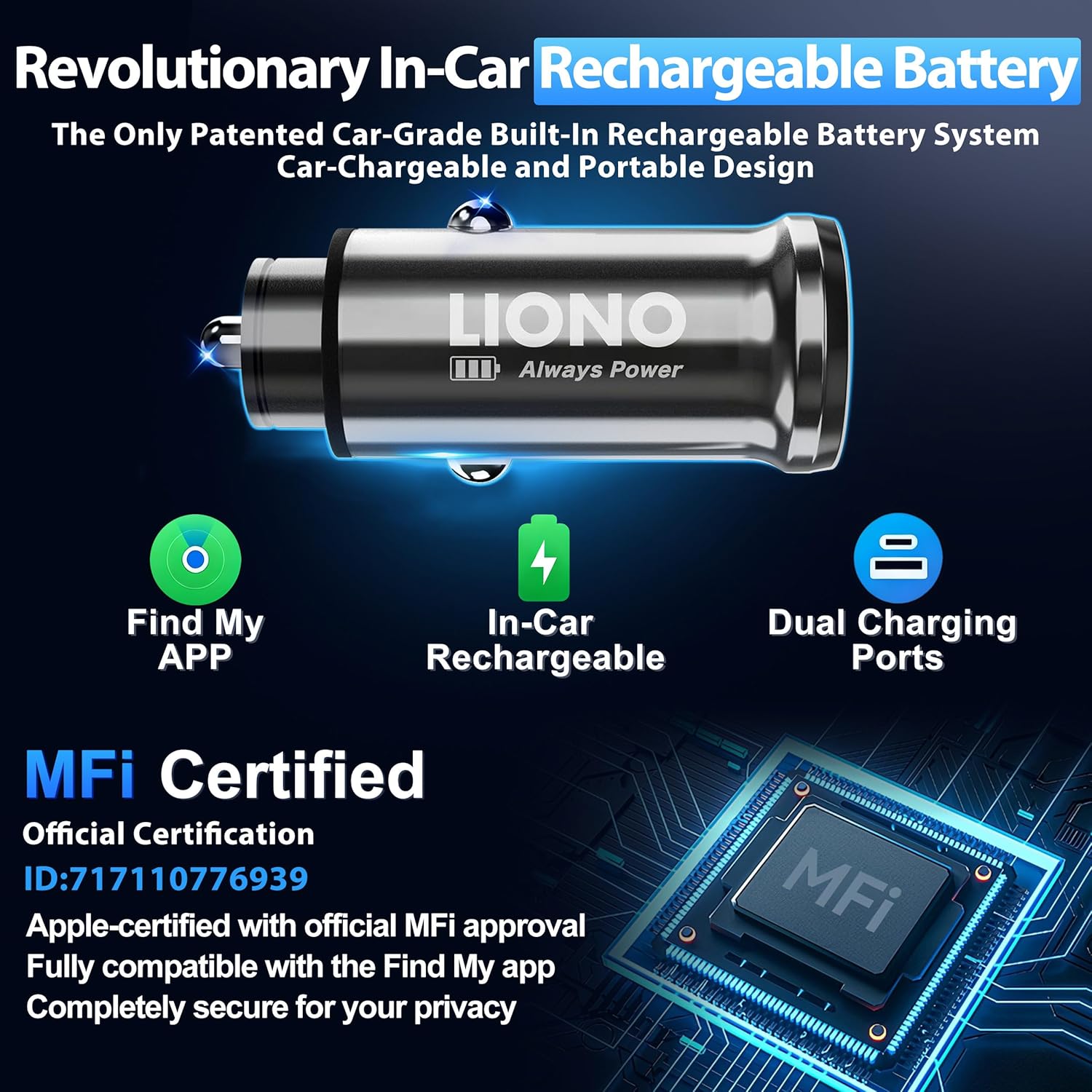 LIONO Car GPS Tracker & Charger with Built-in Rechargeable Battery, GPS Tracker for Vehicles, Hidden Car Tracker for Anti-Theft & Parking Location, for Family& Fleets, No Monthly Fee, No SIM, iOS Only
