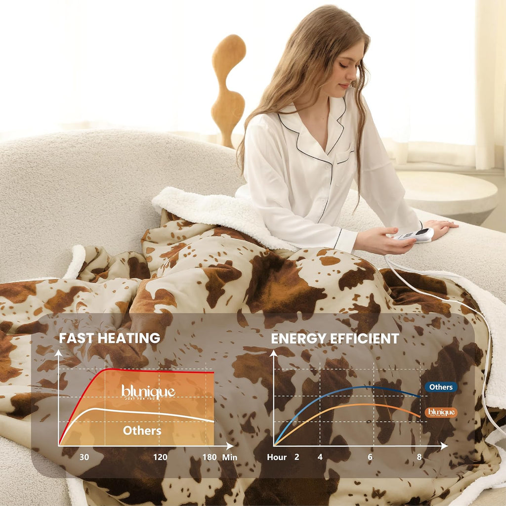 Cow Print Heated Blanket Full-Heating Electric Blanket Full with 10 Heat Levels & 10 Hours Auto-Off, Cozy Soft Fleece Sherpa, Washable, 72 x 84 Inche Cow Print Apricot