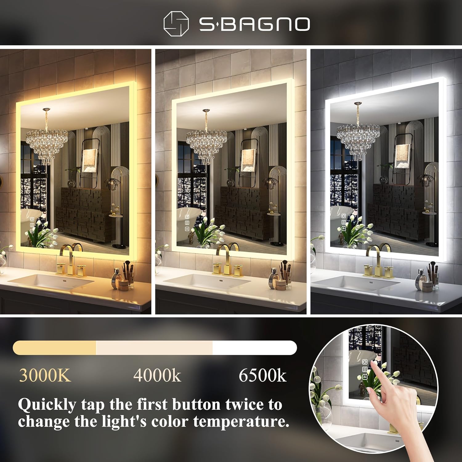 SBAGNO LED Bathroom Mirror with Lights, 32''x28'' 3D Border Bathroom Vanity Wall Mirror with Bluetooth, Anti-Fog, Stepless Dimming, 3 Colors, Tempered Glass Lighted Vanity Mirror for Bathroom