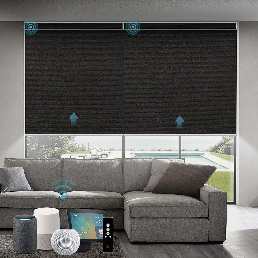 SmartWings Motorized Roller Blinds Work with Matter Homekit Z-Wave Thread Alexa Google, 100% Blackout Smart Window Shades for Bedroom, Cordless Remote Control Customized 16"-110" W, Eclipse Black