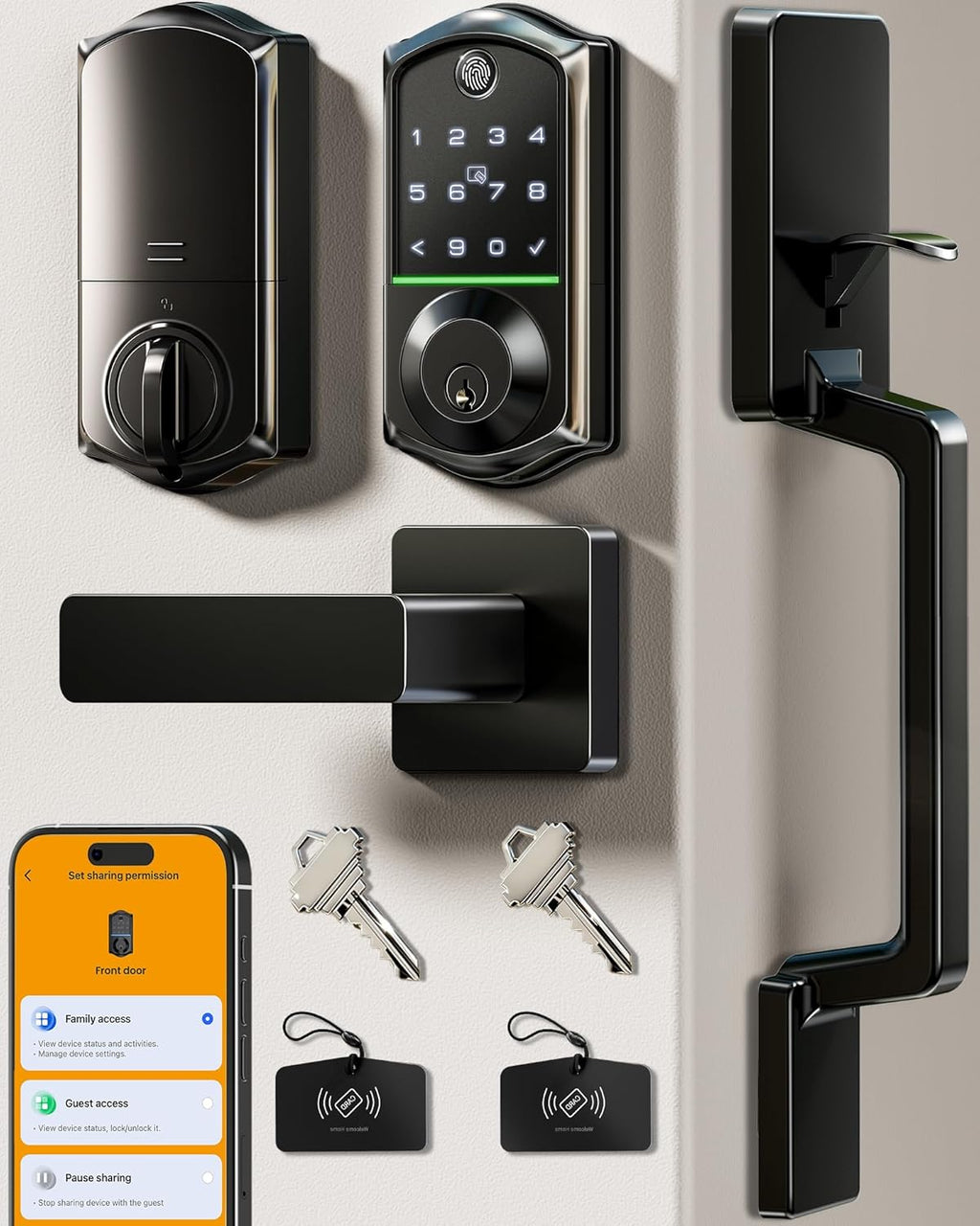 Veise VE017-D Fingerprint Smart Front Door Lock Set, App Control, 8-in-1 Keyless Entry Deadbolt with Lever Handle, Emergency Power Port, Auto Lock, Touchscreen Keypad, Easy Install, Matte Black