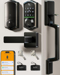 Veise VE017-D Fingerprint Smart Front Door Lock Set, App Control, 8-in-1 Keyless Entry Deadbolt with Lever Handle, Emergency Power Port, Auto Lock, Touchscreen Keypad, Easy Install, Matte Black