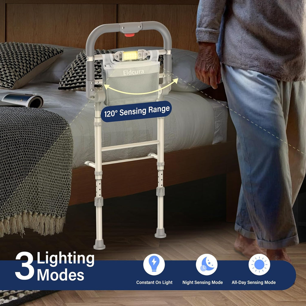 Foldable Bed Rails for Elderly Adults Safety - Heavy Duty Bed Rail for Seniors with Adjustable Height,Bed Side Rails with Motion Sensor Light and Storage Pocket,Fits King Queen Full Twin Beds,400LBS