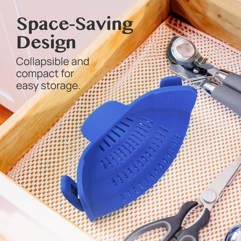 Kitchen Gizmo Snap N' Strain - Silicone Clip-On Strainer for Pots, Pans, and Bowls - Heat-Resistant Kitchen Gadgets, Essential Colander Drainer for Vegetables and Pasta - 7.87x2.76x4.53-Inch (Blue)