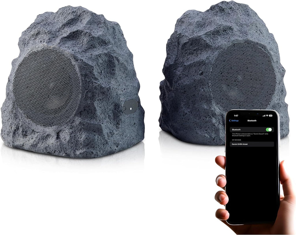Gemini Sound Rechargeable Bluetooth Wireless Rock Speakers (Pair), IPX5 Weatherproof, TWS Stereo Linking, 10-Hr Battery, 4” Driver for Patio & Garden Outdoor Audio (GHRK-400-PR)