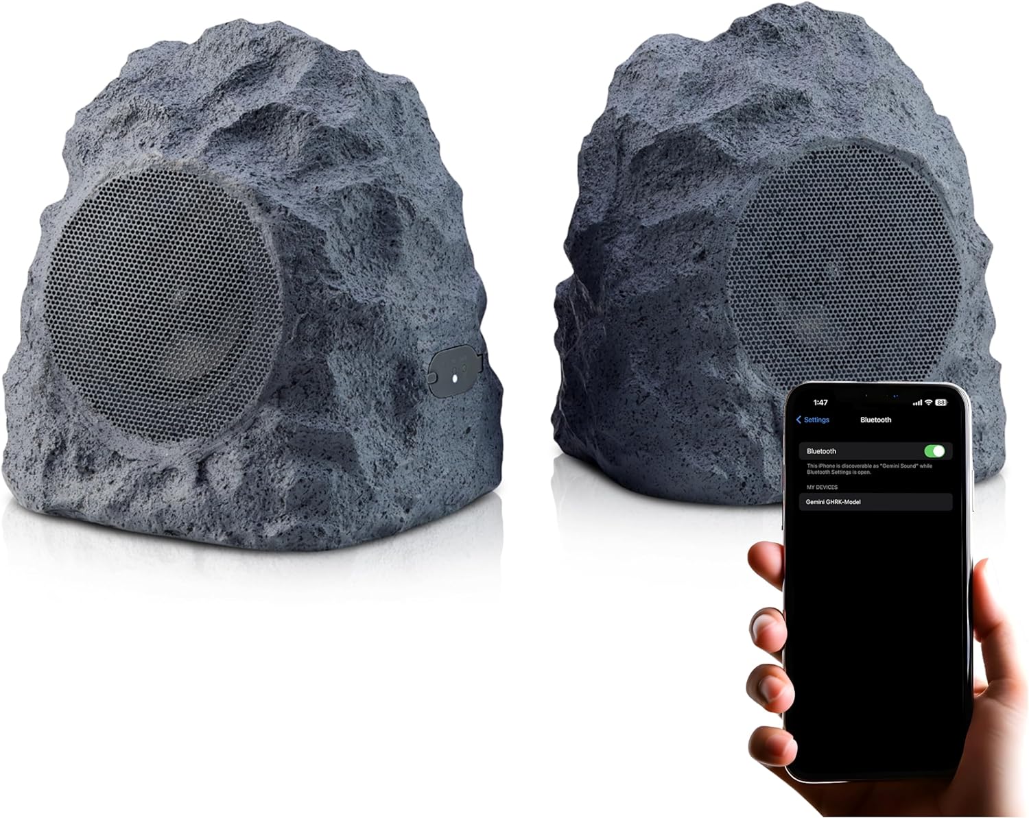 Gemini Sound Rechargeable Bluetooth Wireless Rock Speakers (Pair), IPX5 Weatherproof, TWS Stereo Linking, 10-Hr Battery, 4” Driver for Patio & Garden Outdoor Audio (GHRK-400-PR)