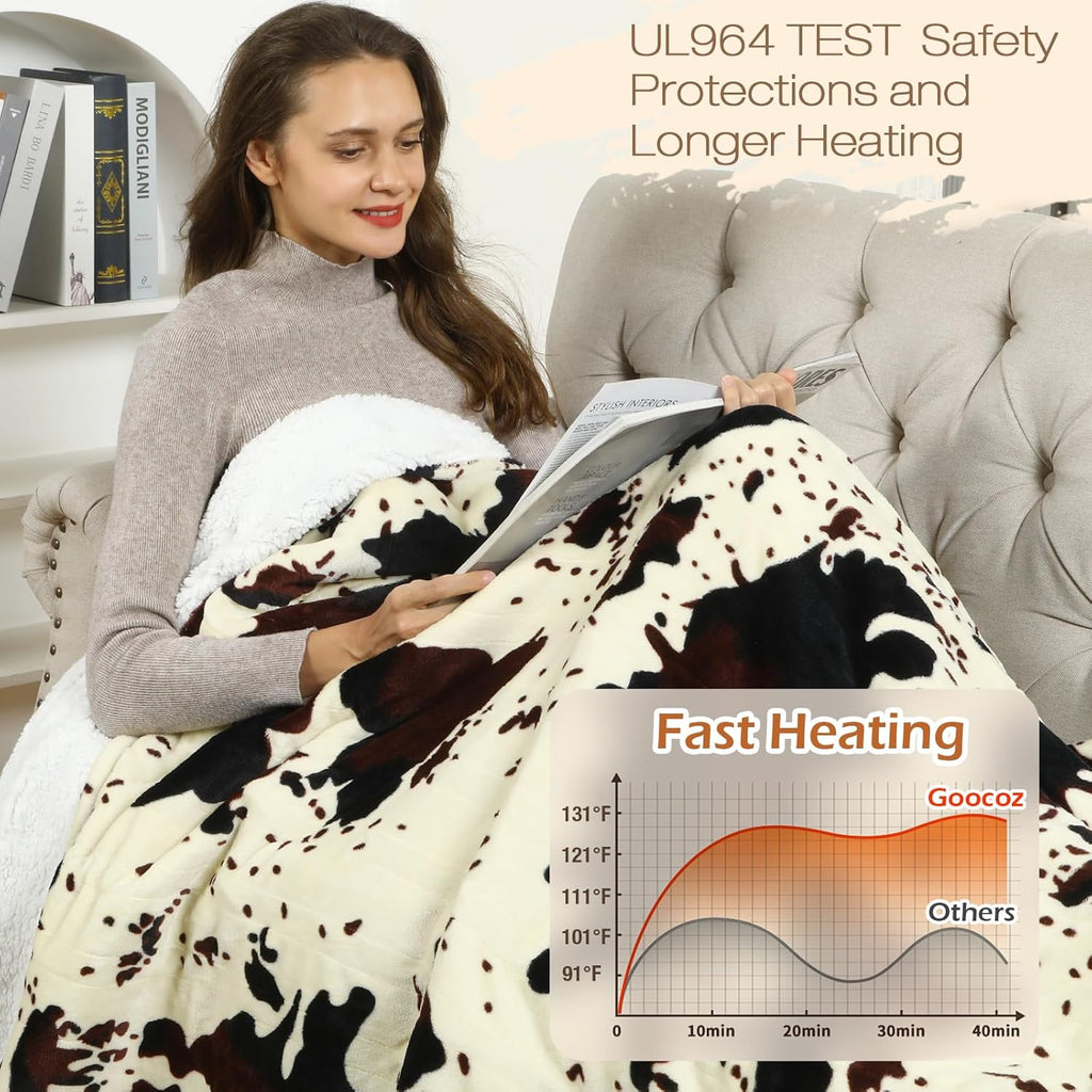 Cow Print Heated Blanket, 90"x100" Electric Blanket King Size Dual Control, Cozy Soft Flannel Sherpa Heating Blankets with 9 Heat Levels & 2/4/8/12H Auto-Off