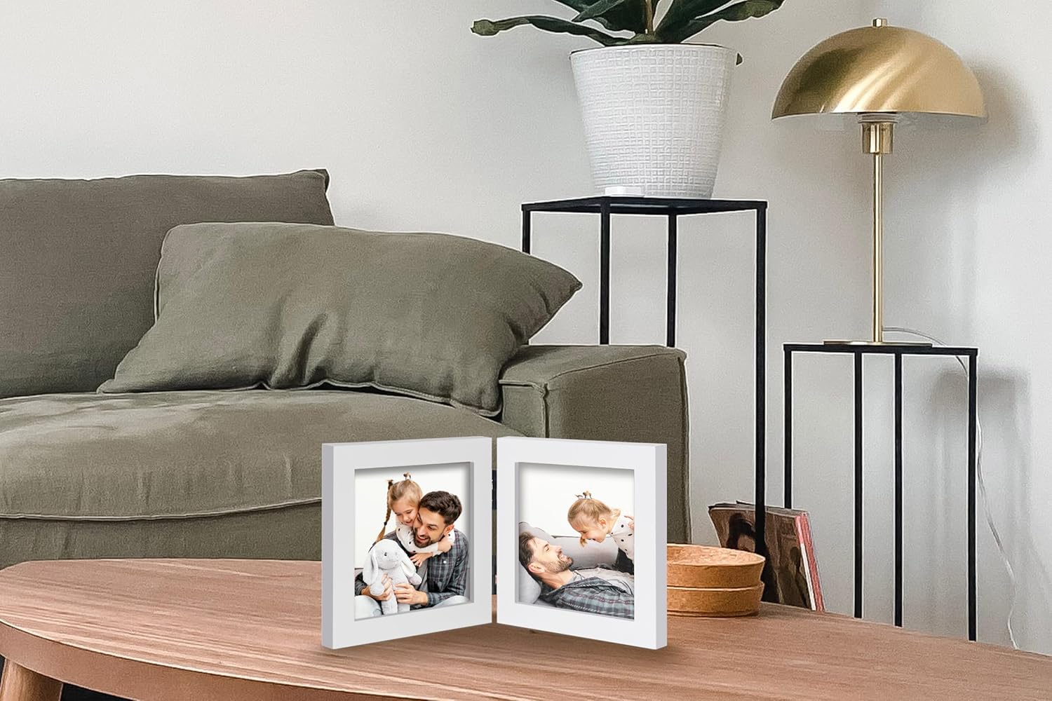 Double 4x4 Square Combo, White Wood Picture Frame, 3.5x3.5 Opening Foldable Photo Frame on Table-top or Wall