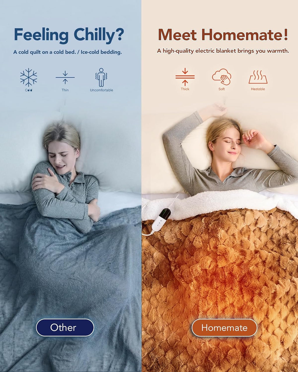 Homemate Heated Blanket Electric Throw - 50"x60" Heating Blanket Throw 1/2/4/6/8 Hours Auto-Off 10 Heat Levels Over-Heat Protection Luxury 800 GSM Faux Fur 200 GSM Sherpa ETL Certification