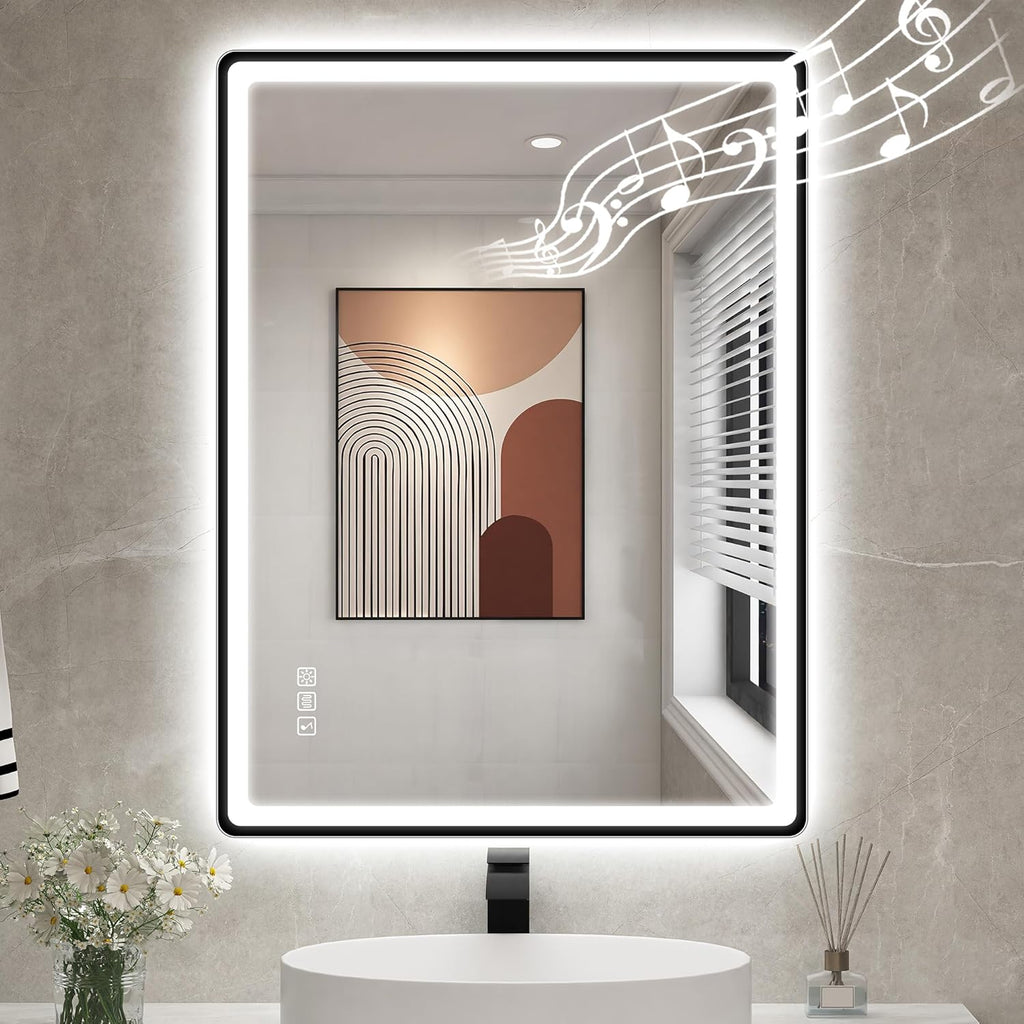 STARLEAD 28"x36" LED-Bathroom-Mirror-with-Lights, Wall-Mounted with Bluetooth, Anti-Fog, 3 Color Temperature Dimmable Brightness, Waterproof, Tempered Glass, Frontlit & Backlit, Black Frameless