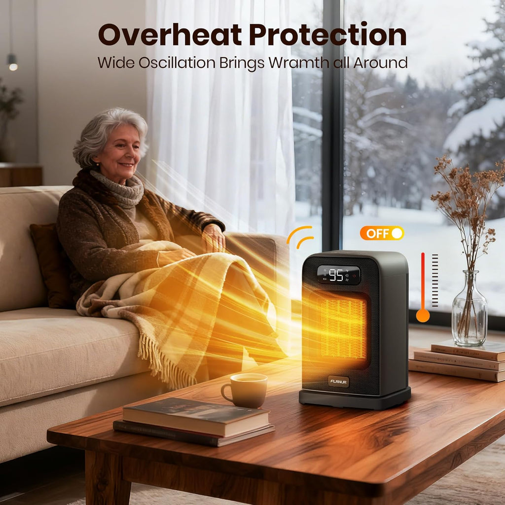 Space Heaters for Indoor Use, 1500W Small Desk Heater with Remote, Thermostat, 4 Modes, 12H Timer, LED Display, Safety Protection, 70° Oscillating Heater for Office Bedroom Home (Black, 1Pack)