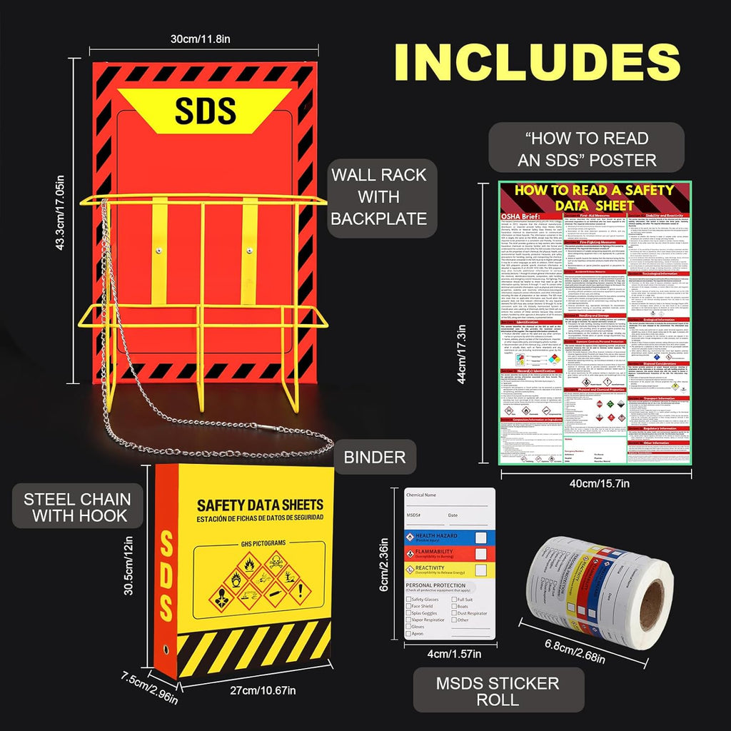 MSDS SDS Binder and Wall Station - Yellow Heavy Duty 3 Inch Material Safety Data Sheet 3 Ring Binder with SDS Wire Rack and Display Sign, Chain,Mounting Hardware,Safety Posters,MSDS Labels