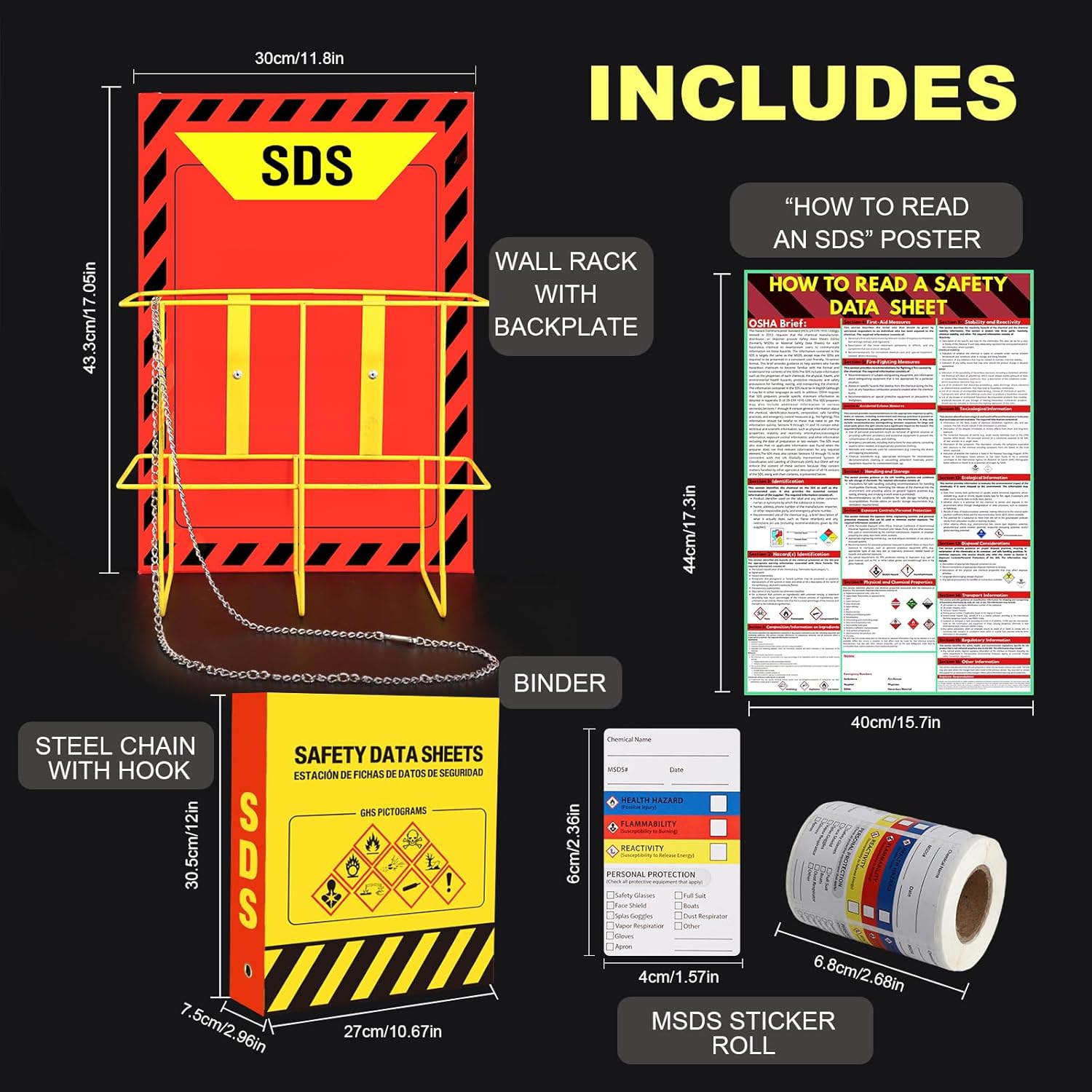 MSDS SDS Binder and Wall Station - Yellow Heavy Duty 3 Inch Material Safety Data Sheet 3 Ring Binder with SDS Wire Rack and Display Sign, Chain,Mounting Hardware,Safety Posters,MSDS Labels