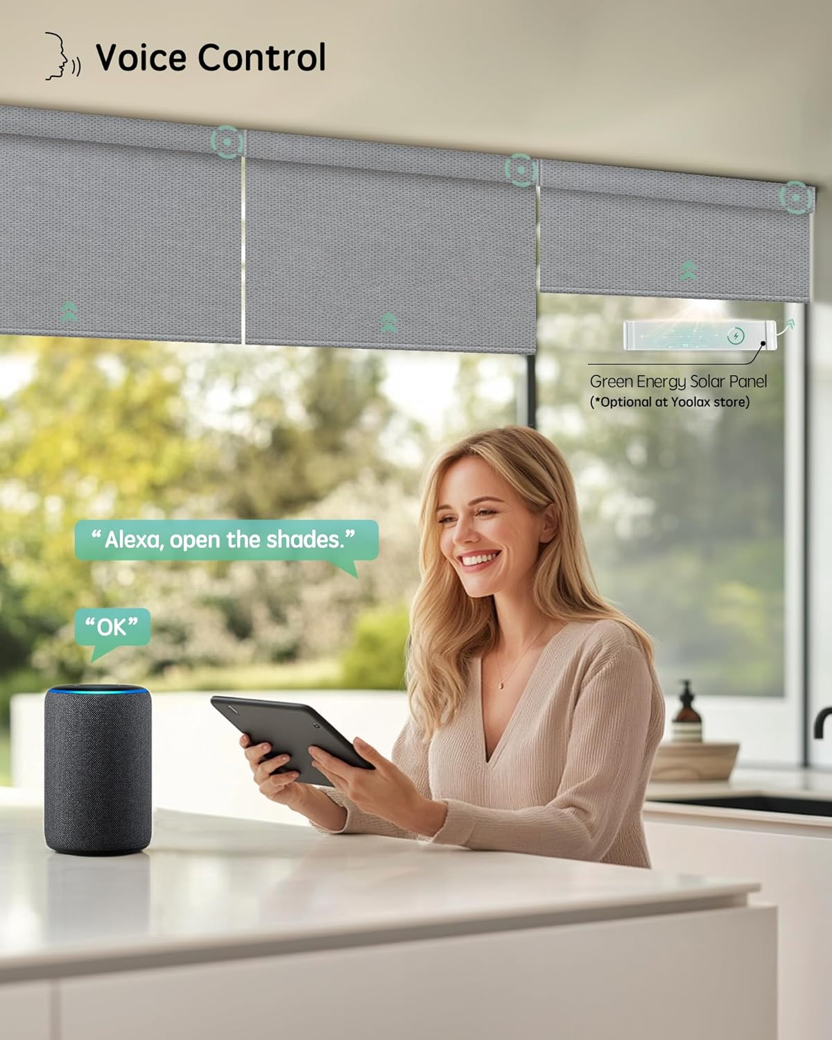 Yoolax Motorized Blinds with Remote, Smart Blinds for Windows Blackout Automatic Shades Compatible with Alexa Remote Control Roller Window Shades with Valance, Custom Size (V-Jungle Grid Light Gray)