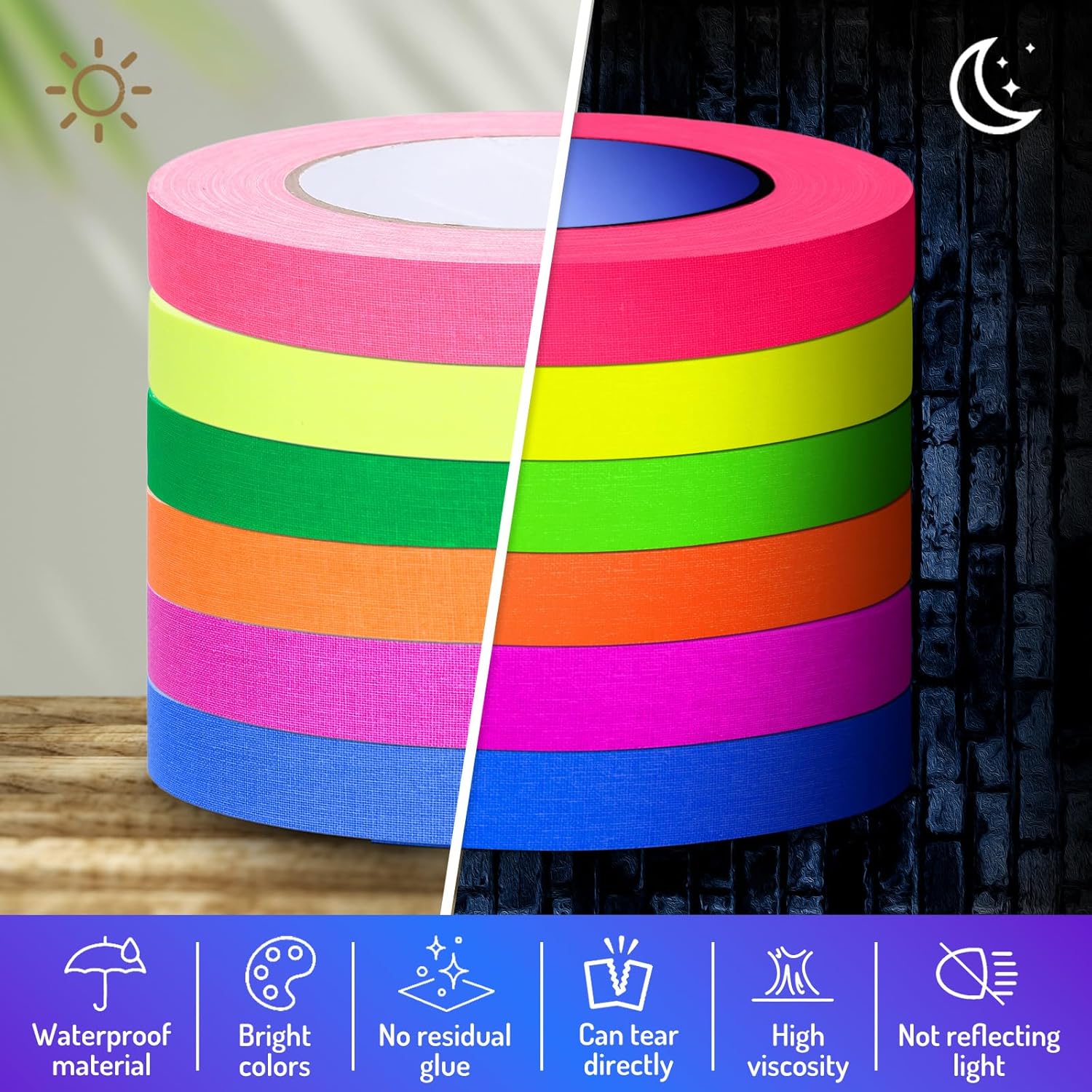 Whaline 6 Colors Neon Gaffer Cloth Tape Fluorescent Rainbow Color UV Blacklight Tapes Neon Duct Reflective Tapes for Party Supplies (0.6 Inch x 120 Ft)