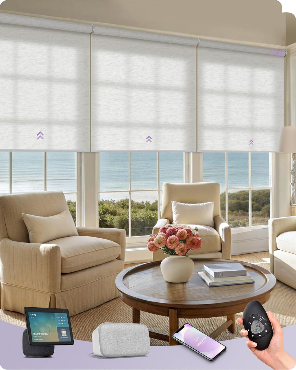 Graywind Smart Coupled Roller Shades Compatible with Alexa Google Custom Size Extra Large Motorized Blinds for Windows(Jacquard White)