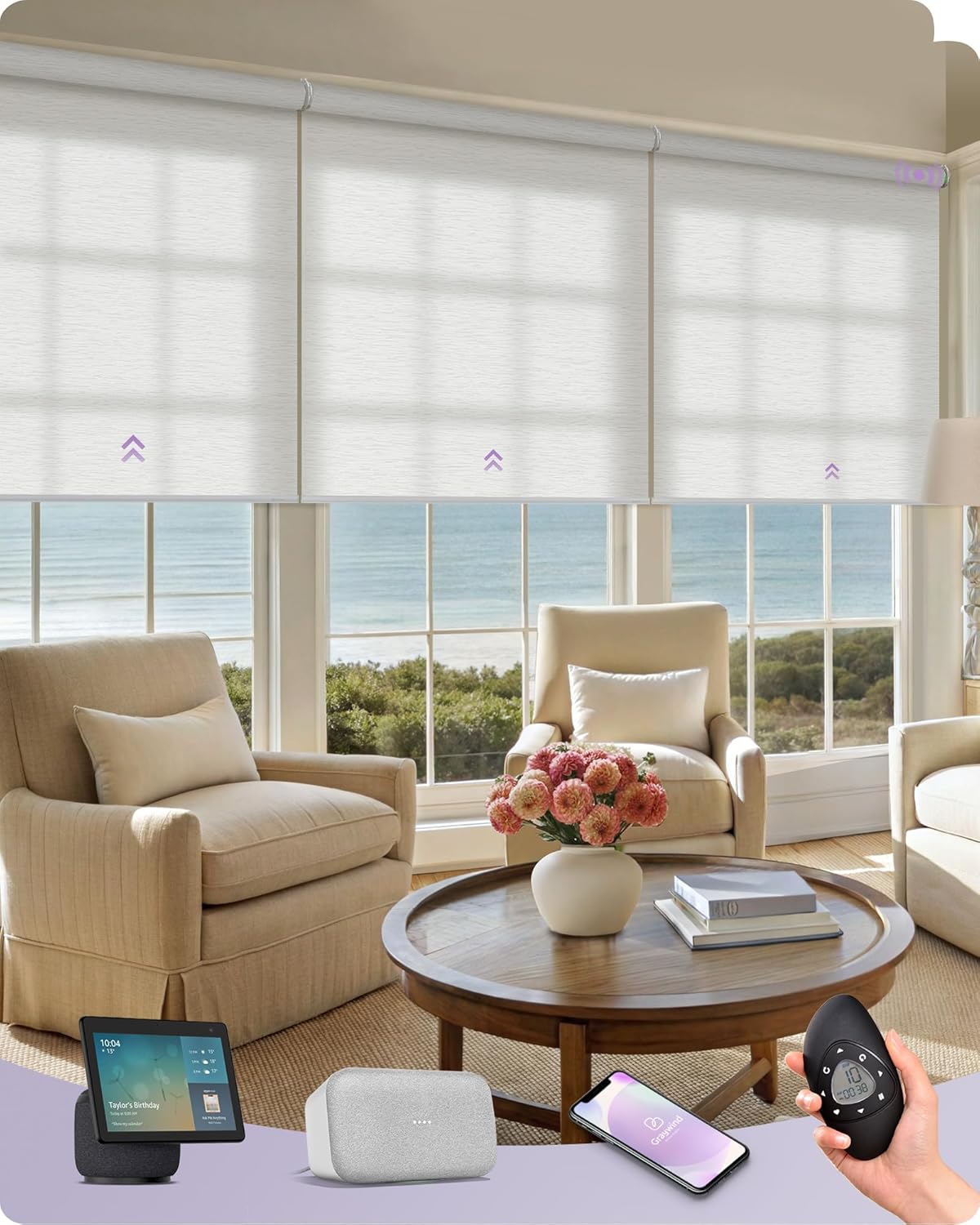 Graywind Smart Coupled Roller Shades Compatible with Alexa Google Custom Size Extra Large Motorized Blinds for Windows(Jacquard White)