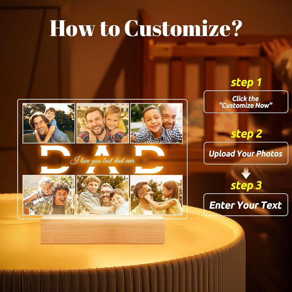 Personalized Birthday Gifts for Dad from Daughter Son, Custom Picture Frames with Photos, Customized Photo Frame with Night Light, Personalized Gifts for Dad Baby Kid Family