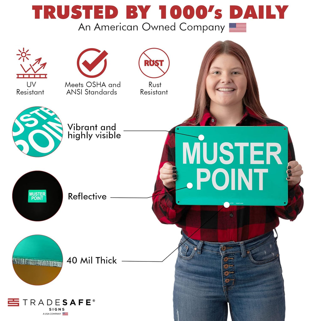 TRADESAFE Muster Point Sign - Quick Install Aluminum Safety Sign, Light Reflective, UV-Resistant, Waterproof, 14” X 10” Emergency Evacuation Area Signs for Business