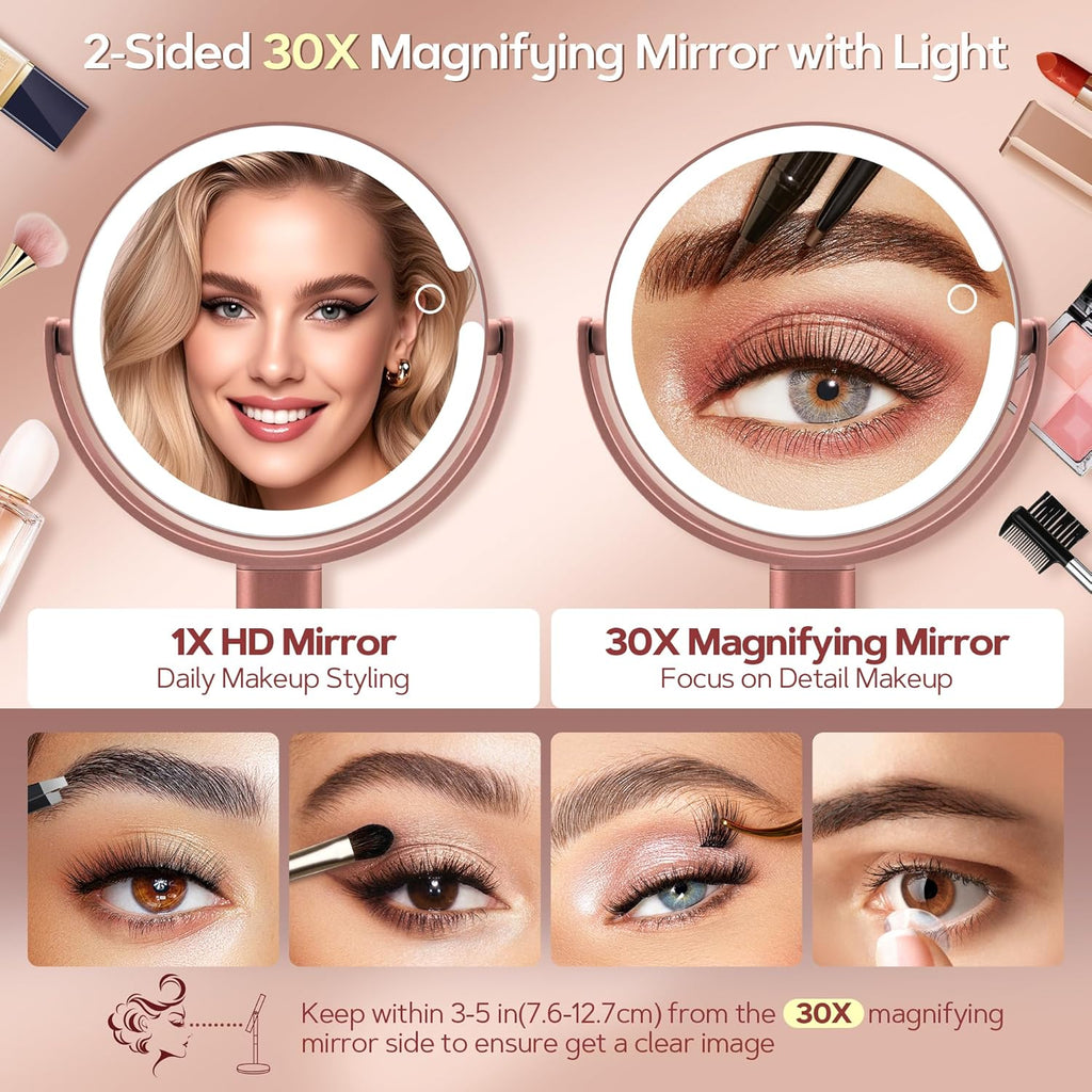 B Beauty Planet Makeup Mirror with Lights, Lighted Magnifying Mirror 30X with 3 Lighting and Adjustable Brightness, 2-Sided Height Adjustable Vanity Mirror for Bathroom, Gifts for Women Rose Gold