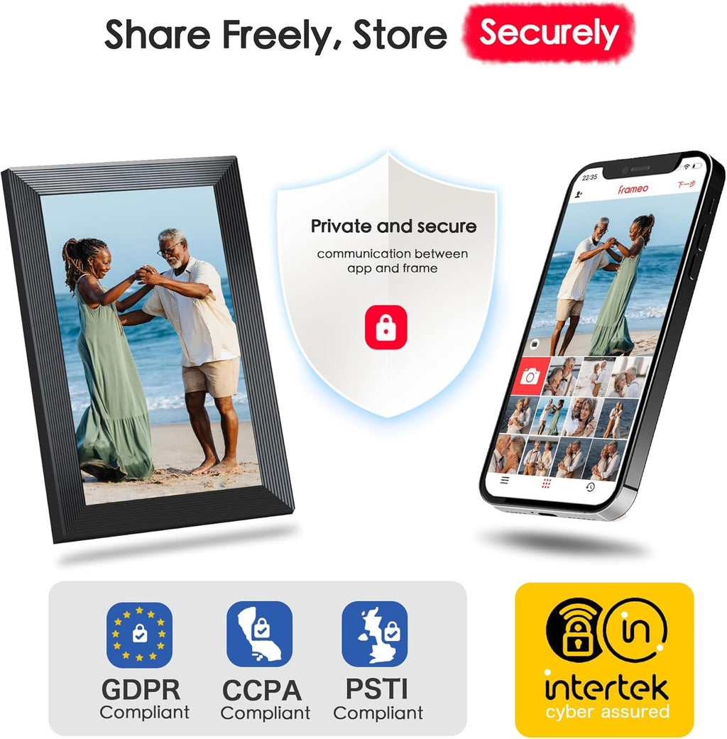 Digital Picture Frame, 10.1 inch Frameo Digital Frame WiFi, 1280*800 IPS HD Touchscreen, 32GB Storage, Instant Share Pictures Video, Smart Photo Frame Electronic, Gifts for Mom, House Warming, Black