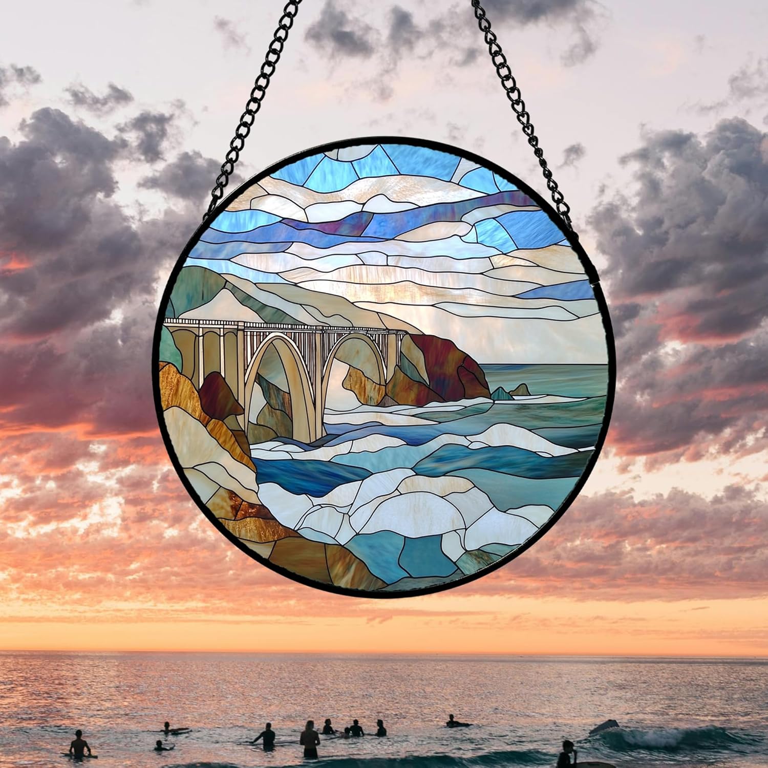 Stained Glass Window Hanging 4 Pcs Set Ocean Waves Large 15" - Blue and White Sea Suncatcher Door Garden Sun Catcher Decor Birthday Christmas for Mom Woman Nana Men