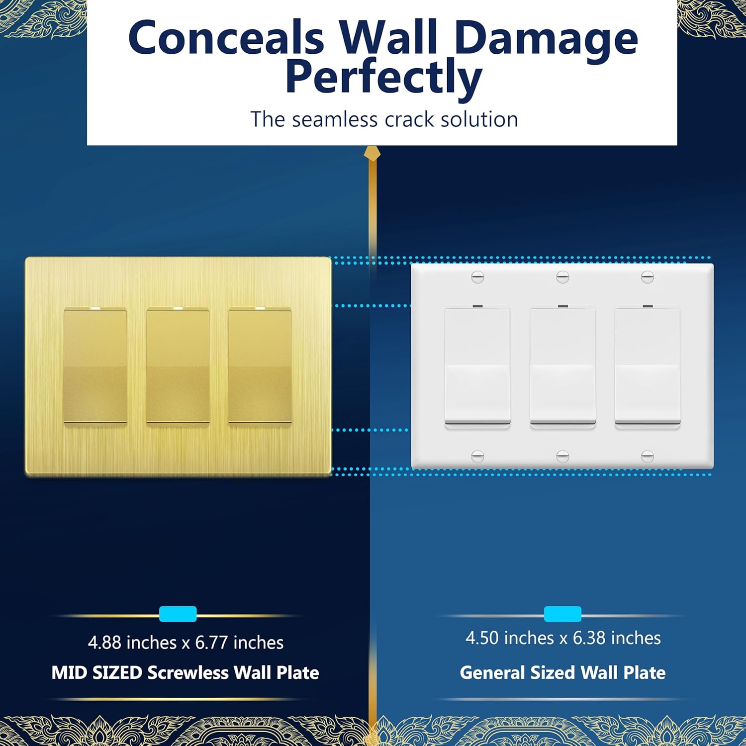 LIDER Brushed Finish Decorator Switch Cover, Screwless Wall Plate, Mid-Size 3-Gang 4.88" x 6.77", Unbreakable Polycarbonate Thermoplastic, UL Listed, LSWP-33M-BGD, Brushed Gold