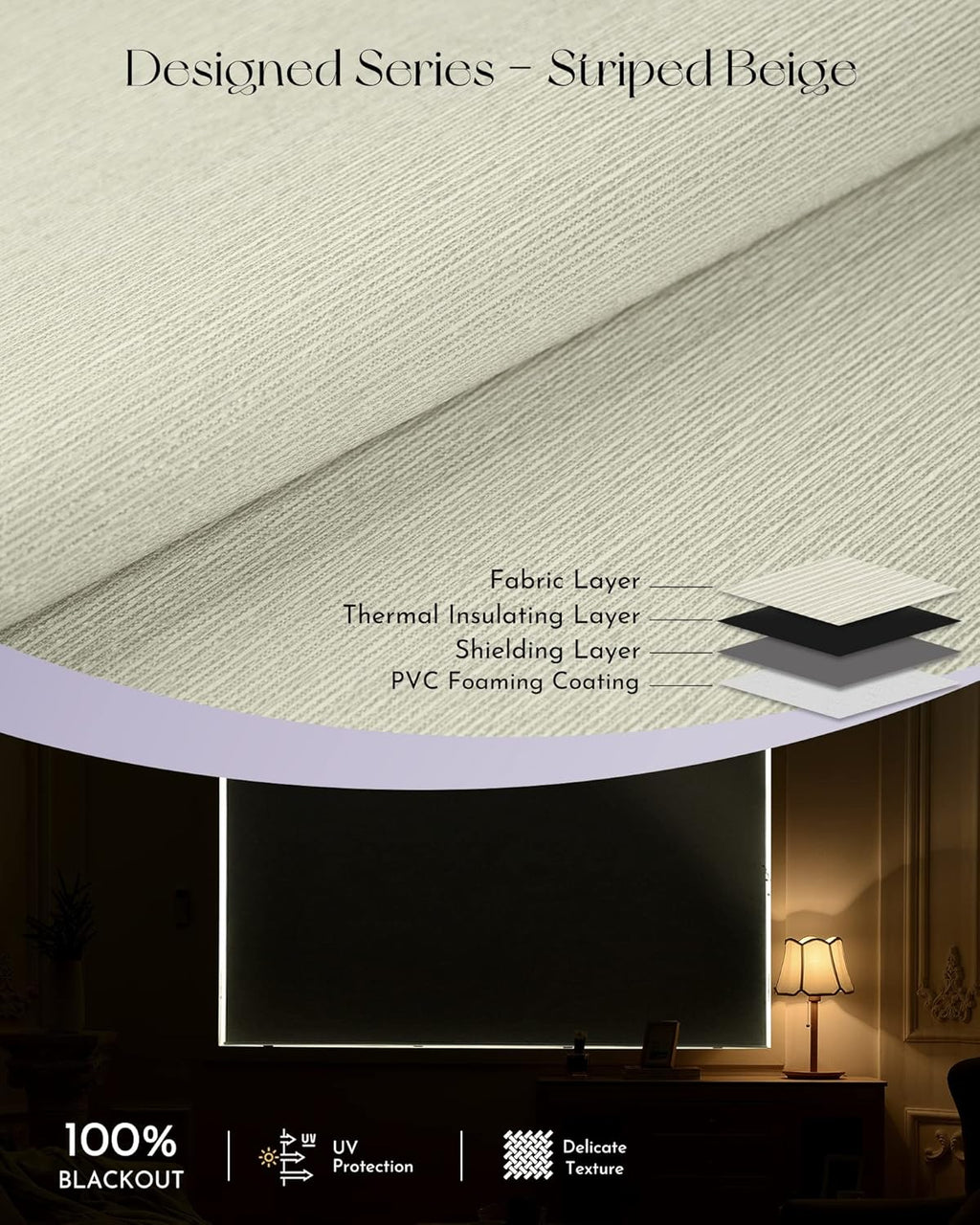 Graywind Smart Blackout Roller Shades Compatible with Alexa Google WiFi Hardwired Textured Gleaming Fabric Motorized Blinds Remote Window Shades, Custom Size (Striped Beige)