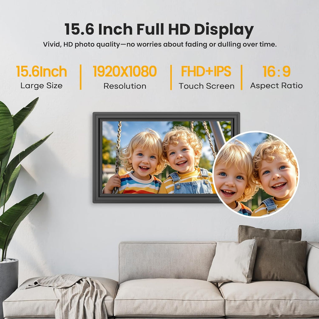 64GB 15.6" Large Digital Picture Frame, Uhale WiFi Electronic Photo Frames with 1920 x 1080 FHD IPS Touch Screen, Support Auto-Rotate Wall Mounted SD&USB Card, Share Photos/Videos from Phone Instantly