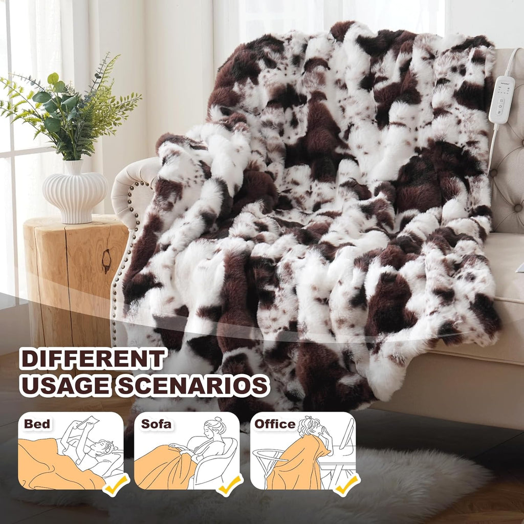 Cow Print Heating Throw Blankets Luxurious Western Soft Bubble Faux Rabbit Fur 8 Heat Settings Overheat Protection Quick Heating Electric Heated Blanket 50"x60"(Brown)