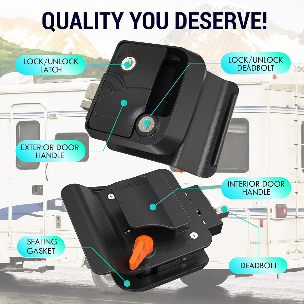 LATCH.IT Rv Door Lock Black | Camper Door Lock fits 2.75" x 3.75" Hole | 2 Keys Included RV Door Latch | All Metal Enclosed Trailer Door Latch | Camper Door Latch for Trailers, Fifth Wheels & More