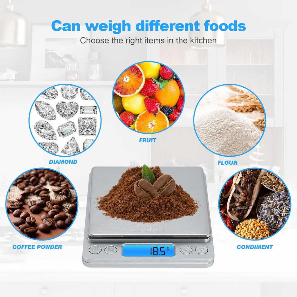 Kitchen Scale, Digital Food Scale, Gaoscale Grams and Ounces Scale High Accuracy with Tare Function for Cooking Scale, Baking Scale Jewellery Scale, 9 Units, 2 Tray 3000g by 0.1g Small