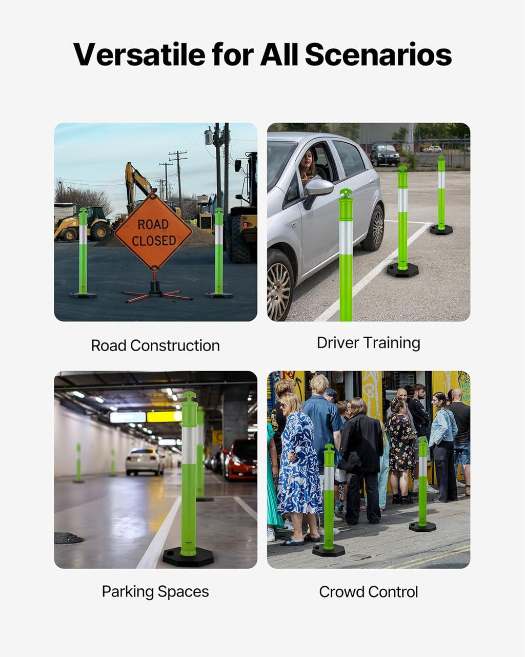 VEVOR 3 Pack Traffic Delineator Posts, 48 inches Traffic Safety Cones with Weighted Base and Reflective Strips, Heavy Duty Delineator Posts for Construction Site, Parking Lot, Crowd Control, Green