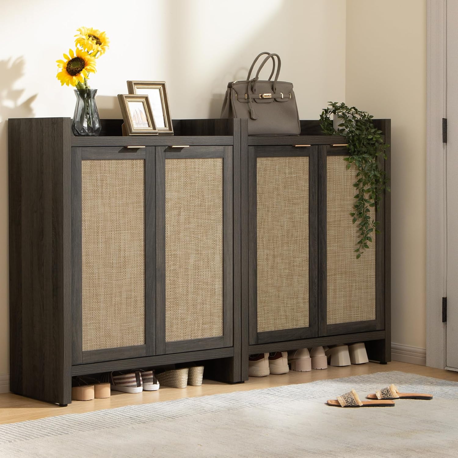 SICOTAS Shoe Cabinet Set of 2, Large Capacity Shoe Storage Organizer Cabinet, Tall Rattan Shoe Cabinet with Doors and Shelves, 6-Tier Farmhouse Boho Wooden Storage Cabinet for Entryway, Black Oak