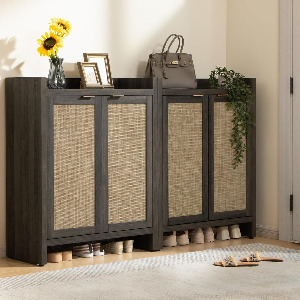 SICOTAS Shoe Storage Cabinet Set of 3, Large Capacity Rattan Shoe Cabinet for Entryway, 6-Tier 41" Tall Shoe Cabinet, Farmhouse Wooden Storage Cabinet for Living Room Hallway, Black Oak