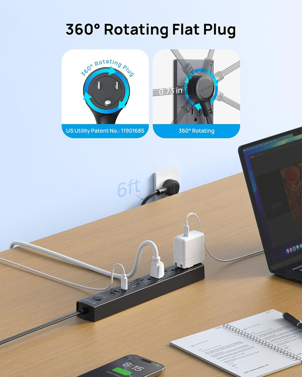 TROND 360° Rotating Plug Surge Protector Power Strip, 2 USB C and 2 USB A, 5 Widely Spaced Outlets, 1440J Surge Protection, Wall Mountable, Flat Cord Extension Cord 6ft for Home Office Dorm, Black