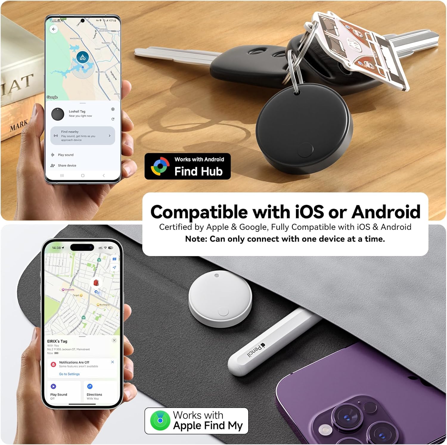 Eelexa Dual Platform (for iOS and Android) Smart Tag Tracker, 4 Pack Dual System Air Tracker Tag Compatible with Apple Find My or Google Find Hub APP, Keys Finder, Item Locator with Waterproof&Light