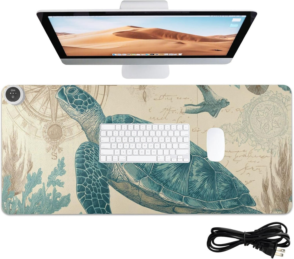 Heated Desk Pad Mouse Pad 31.5x13 Inch PU Leather Desk Mat with 3 Heat Levels Large Mouse Gaming Computer Laptop Mat Retro Sea Turtle Compass