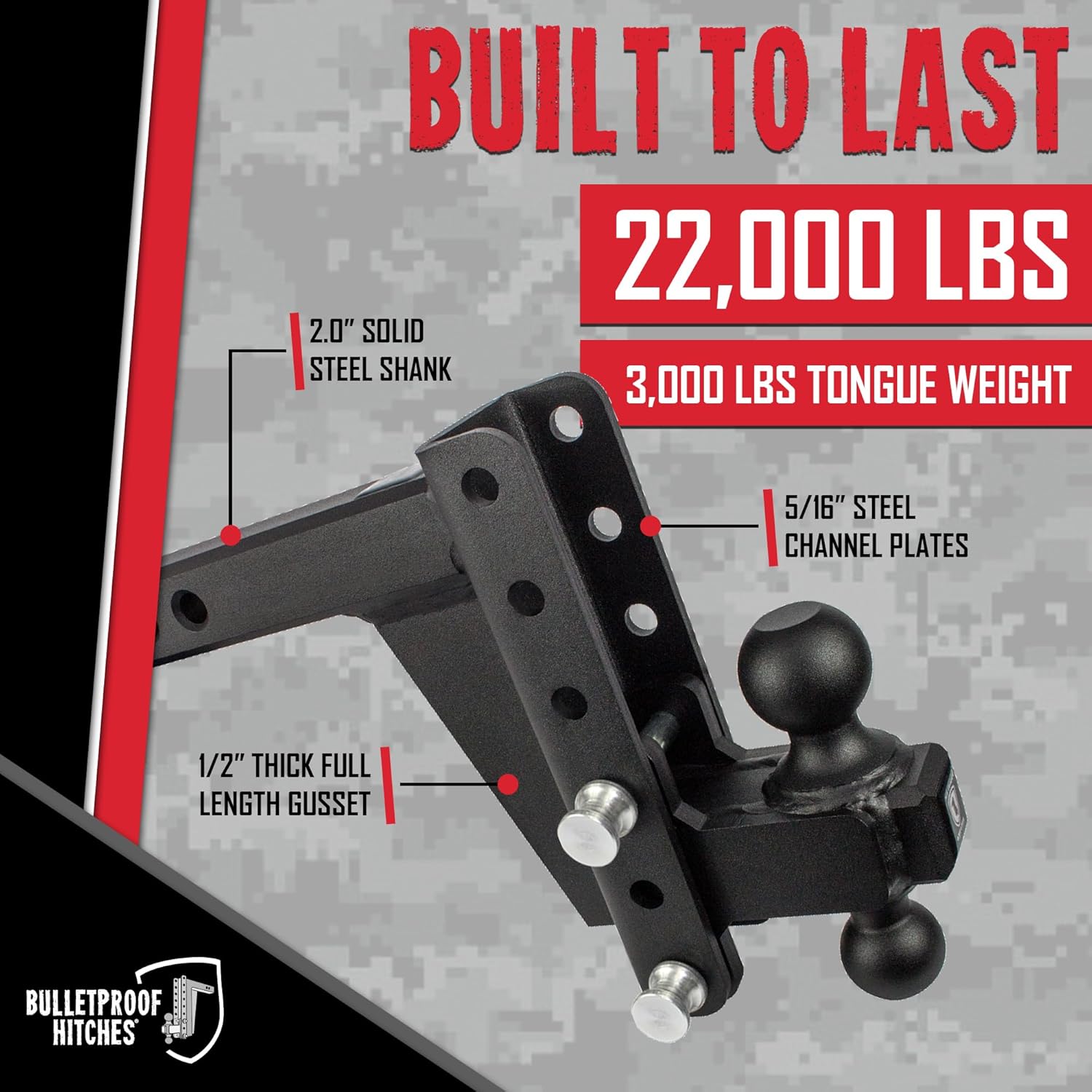 BulletProof Hitches - 2.0" Adjustable Heavy Duty Trailer Hitch (22,000 lb. Rating) - 6" Drop/Rise Trailer Hitch with 2" & 2-5/16" Dual Ball - Powder Coat, Solid Steel, Corrosion-Resistant