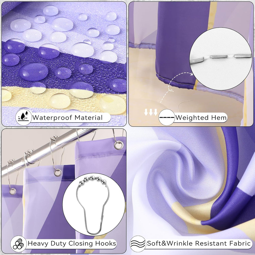 Purple Bathroom Accessories, Bathroom Sets with Stripe Shower Curtain, Purple and Gold Bathroom Accessories Set with Trash Can, Soap Dispenser, Soap Dish, Qtip Holders for Bathroom
