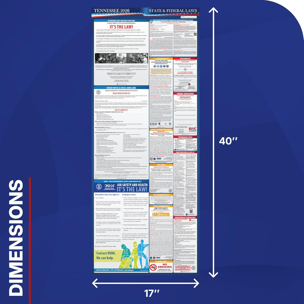 2026 Tennessee State and Federal Labor Law Poster - OSHA Workplace Compliant - Mandatory Regulations Posting for Employees - All in One Required Compliance Posting 17" x 40" - Laminated