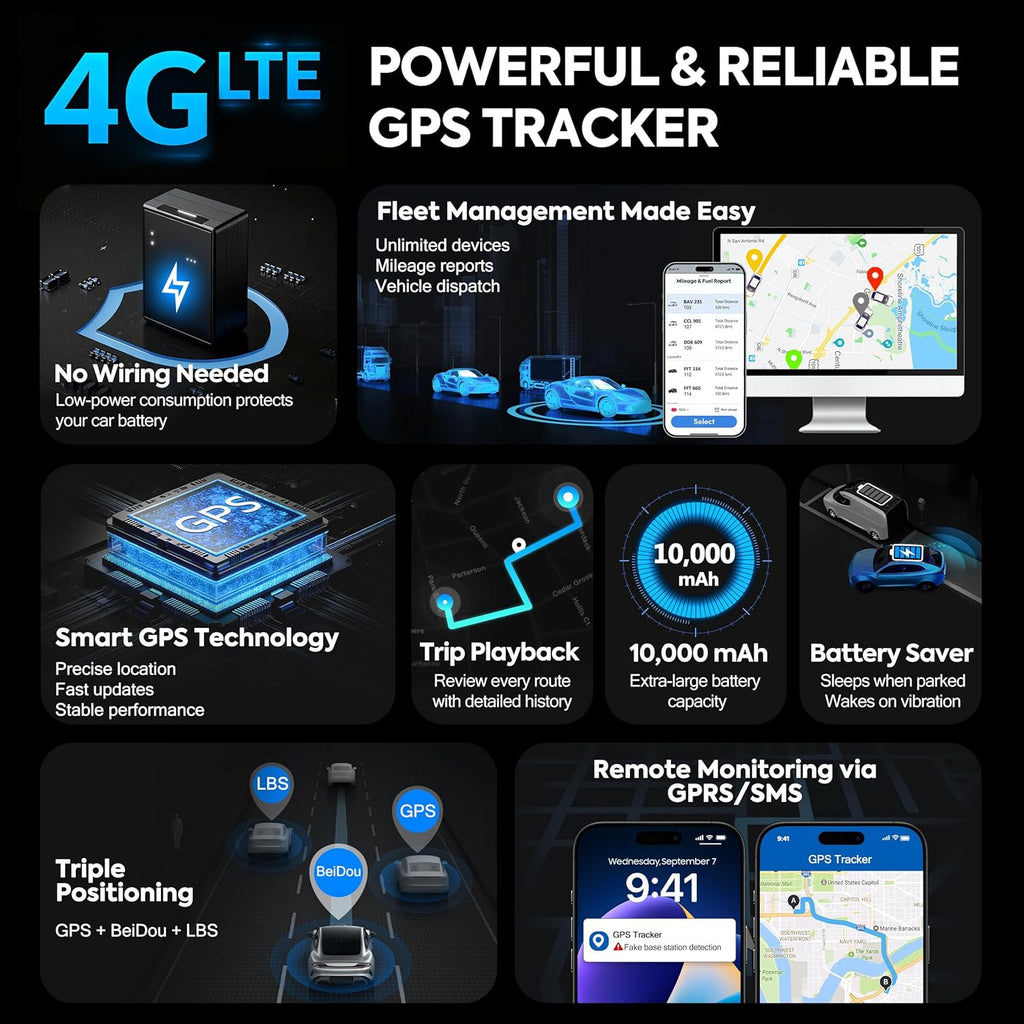 GPS Tracker for Vehicles, Up to 4 Months Batt, Waterproof Magnetic 4G LTE & 2G Long Battery Life, 10,000mAh, Subscription Required, Multi Alerts, Hidden Tracker ZT-100