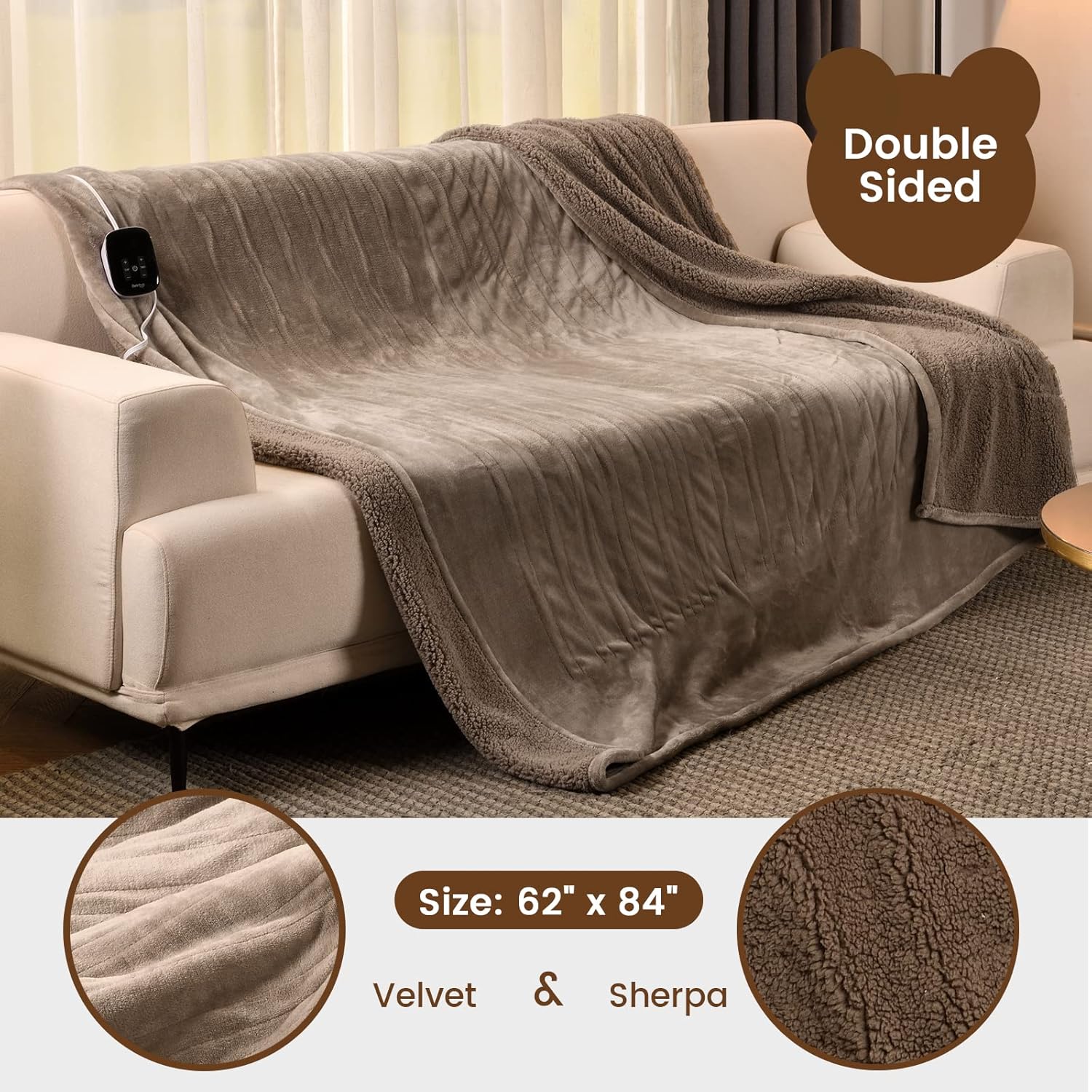 Bearhug Electric Blanket Twin Size 62" x 84", Velvet & Sherpa Heated Blanket, 5-Year Warranty, 10 Heating Levels & 1-12H Auto Off, Over-Heat Protect, ETL Certification, Machine Washable