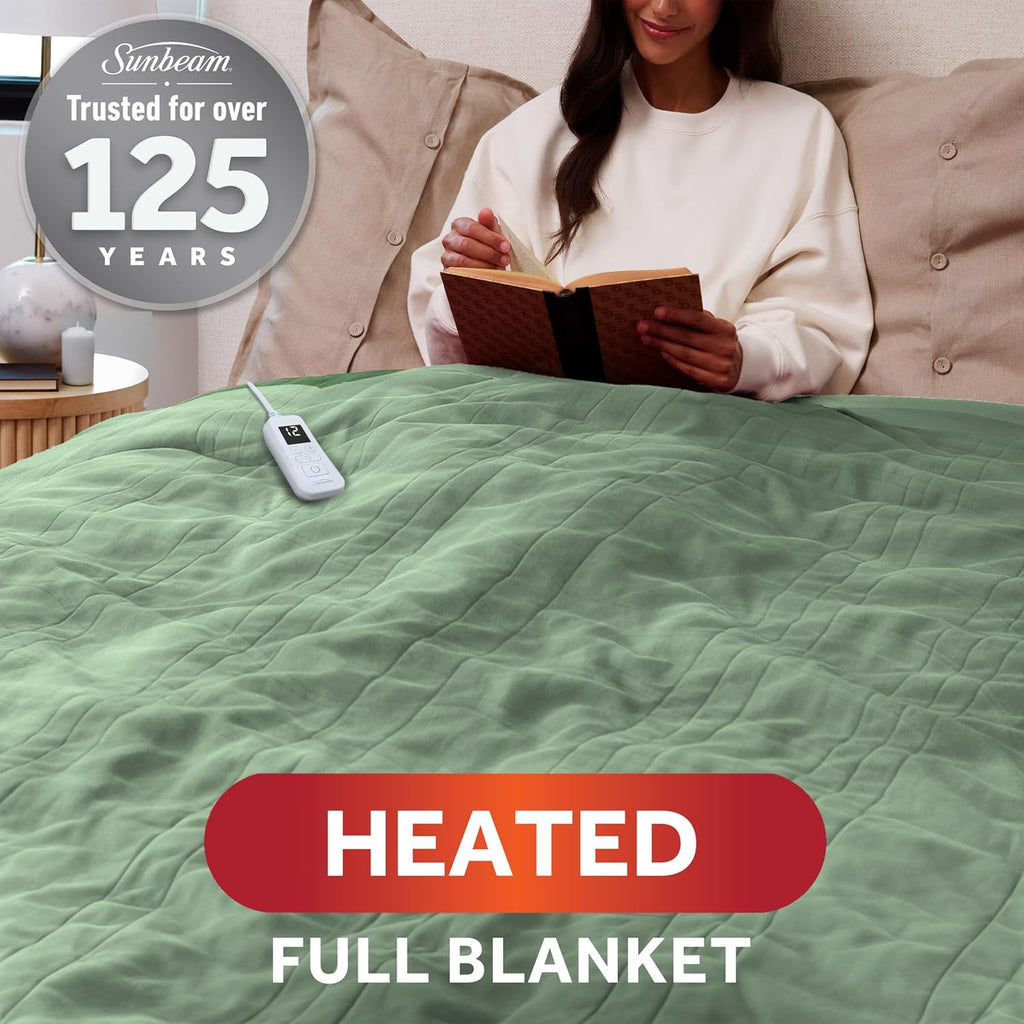 Sunbeam Royal Ultra Fleece Heated Electric Blanket Full Size, 84" x 72", 12 Heat Settings, 12-Hour Selectable Auto Shut-Off, Fast Heating, Machine Washable, Warm and Cozy, Matcha