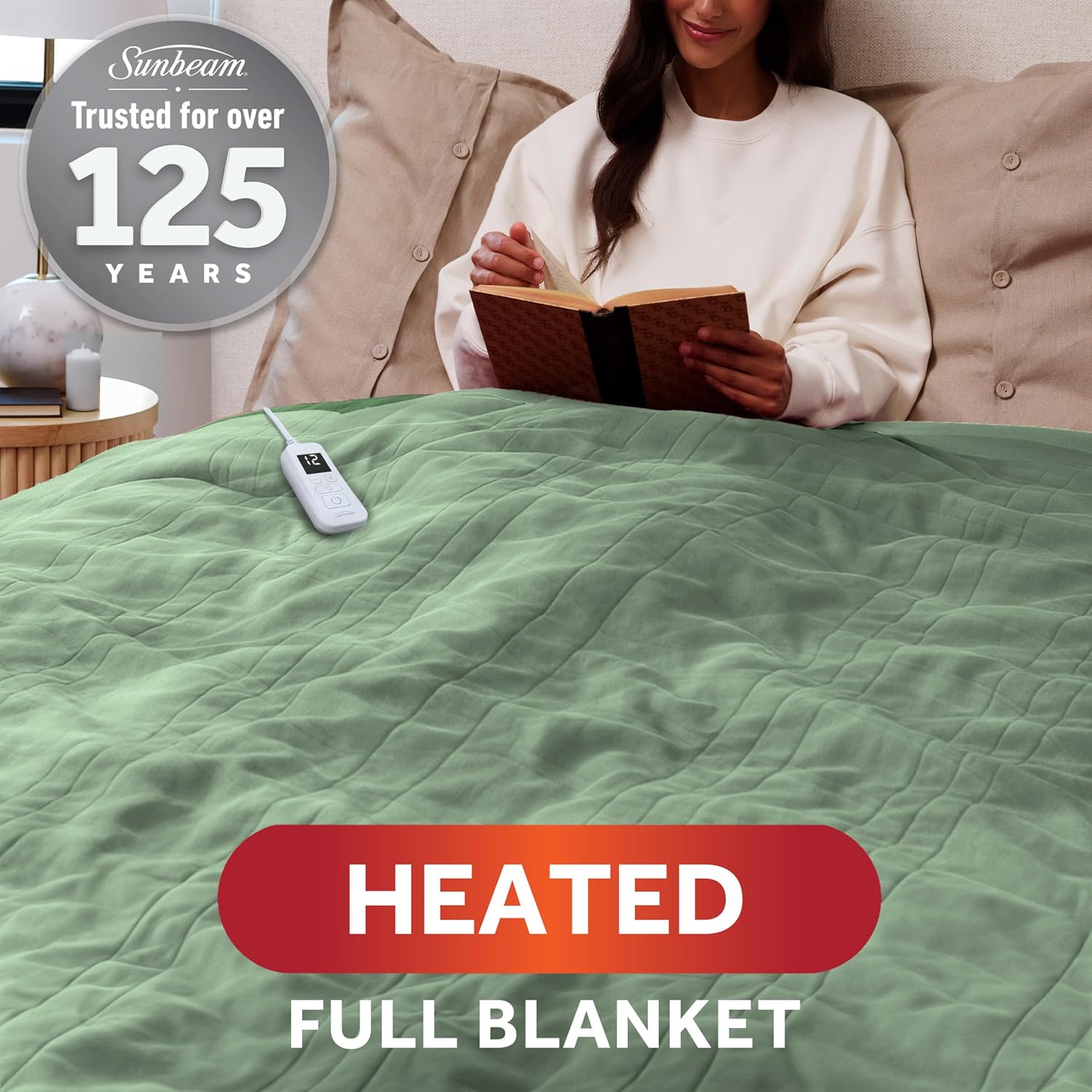 Sunbeam Royal Ultra Fleece Heated Electric Blanket Full Size, 84" x 72", 12 Heat Settings, 12-Hour Selectable Auto Shut-Off, Fast Heating, Machine Washable, Warm and Cozy, Matcha