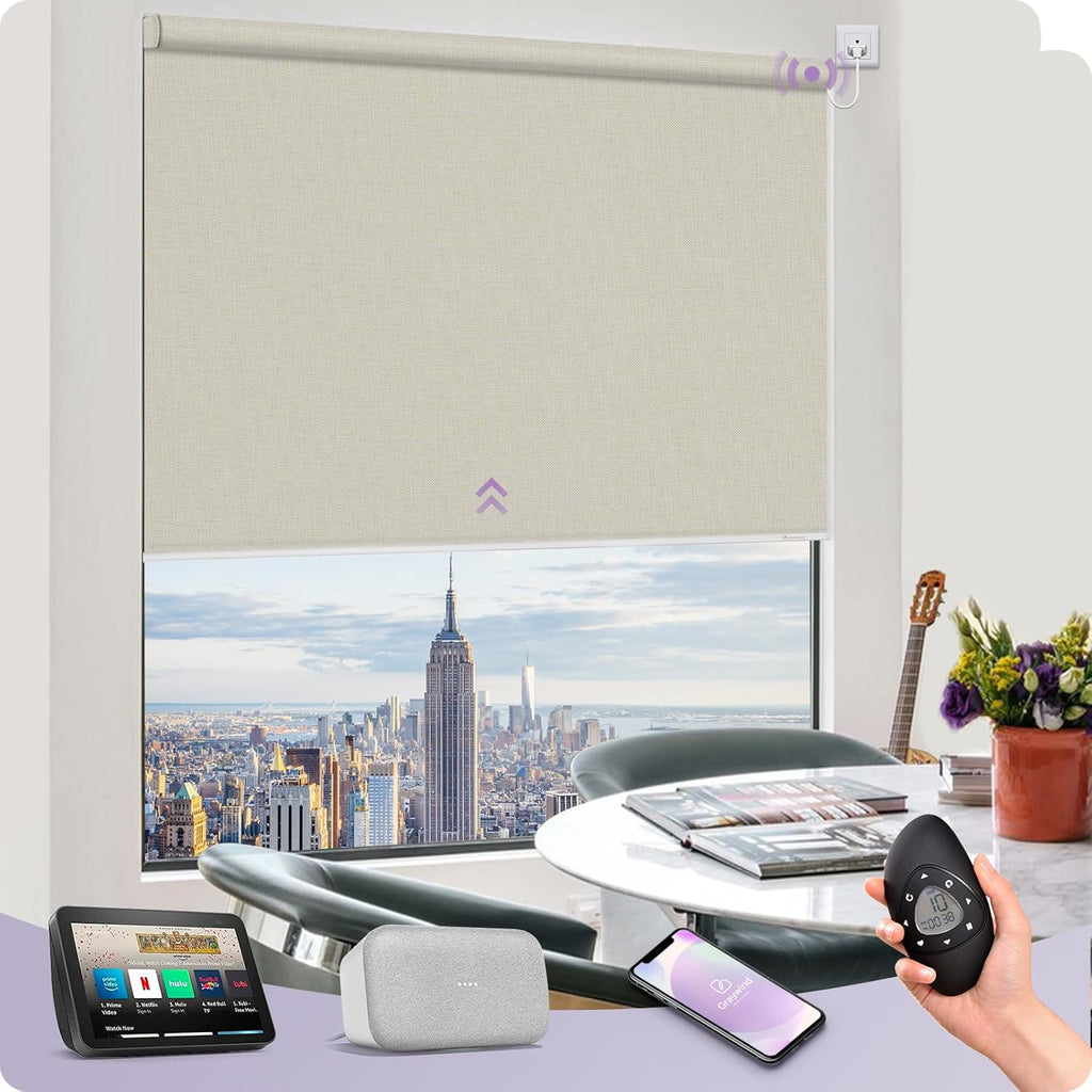 Graywind Smart Blackout Roller Shades Compatible with Alexa Google WiFi Hardwired Triple Weaved Fabric Motorized Blinds Remote Window Shades, Custom Size (Beige White)
