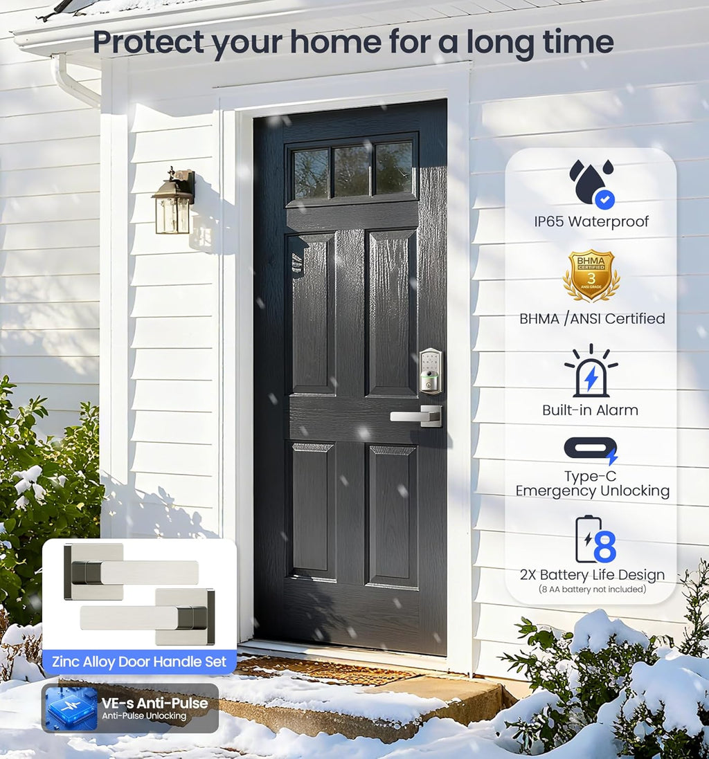Veise VE027-L Built-in WiFi Smart Door Lock with Lever Handle Set, Fingerprint keyless Entry Door Lock, App Remote Control, Electronic Digital Keypad Deadbolt for Front Door, Auto Lock, Satin Nickel