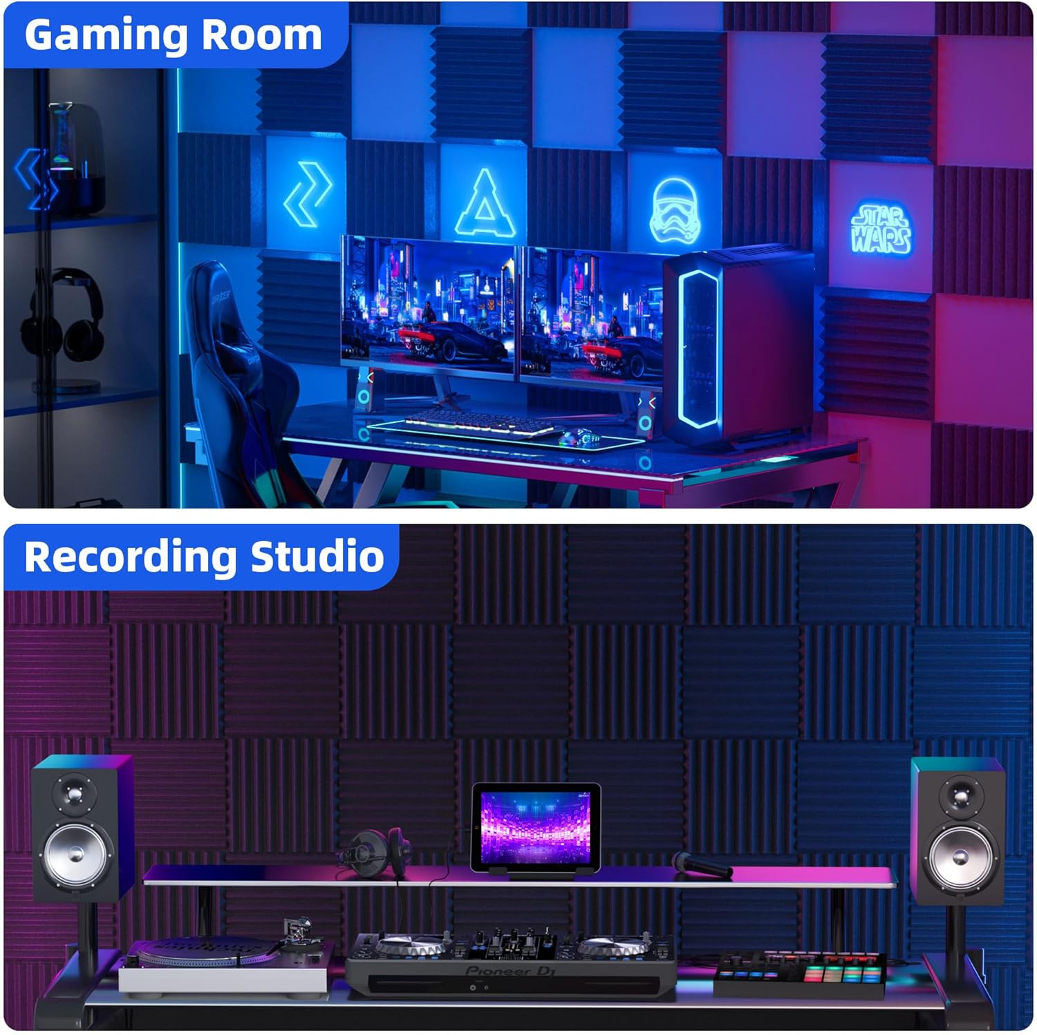 12 Pack Sound Proof Foam Panels for Wall with Self Adhesive, 3" X 12" X 12" High Density Acoustic Panels Sound Absorbing Quick-Recovery, Wedges Soundproof Wall Panels for Gaming & Studio Decor - Black