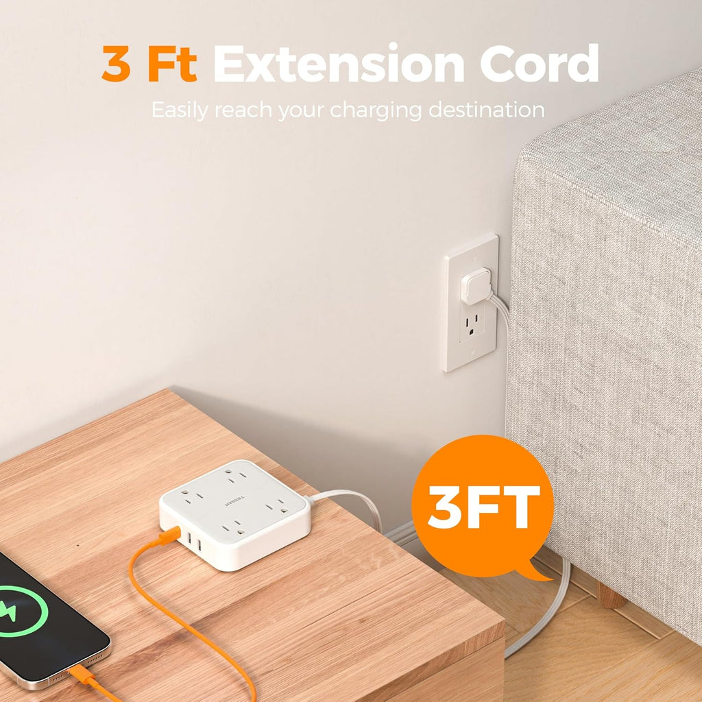 TESSAN Surge Protector Power Strip, 3 Ft Ring Pull Extension Cord with Multiple Outlets, 3 USB (1 USB C) 4 Outlets, 900J Surge Protection, Desktop Charging Station for Home, Office, Dorm Room