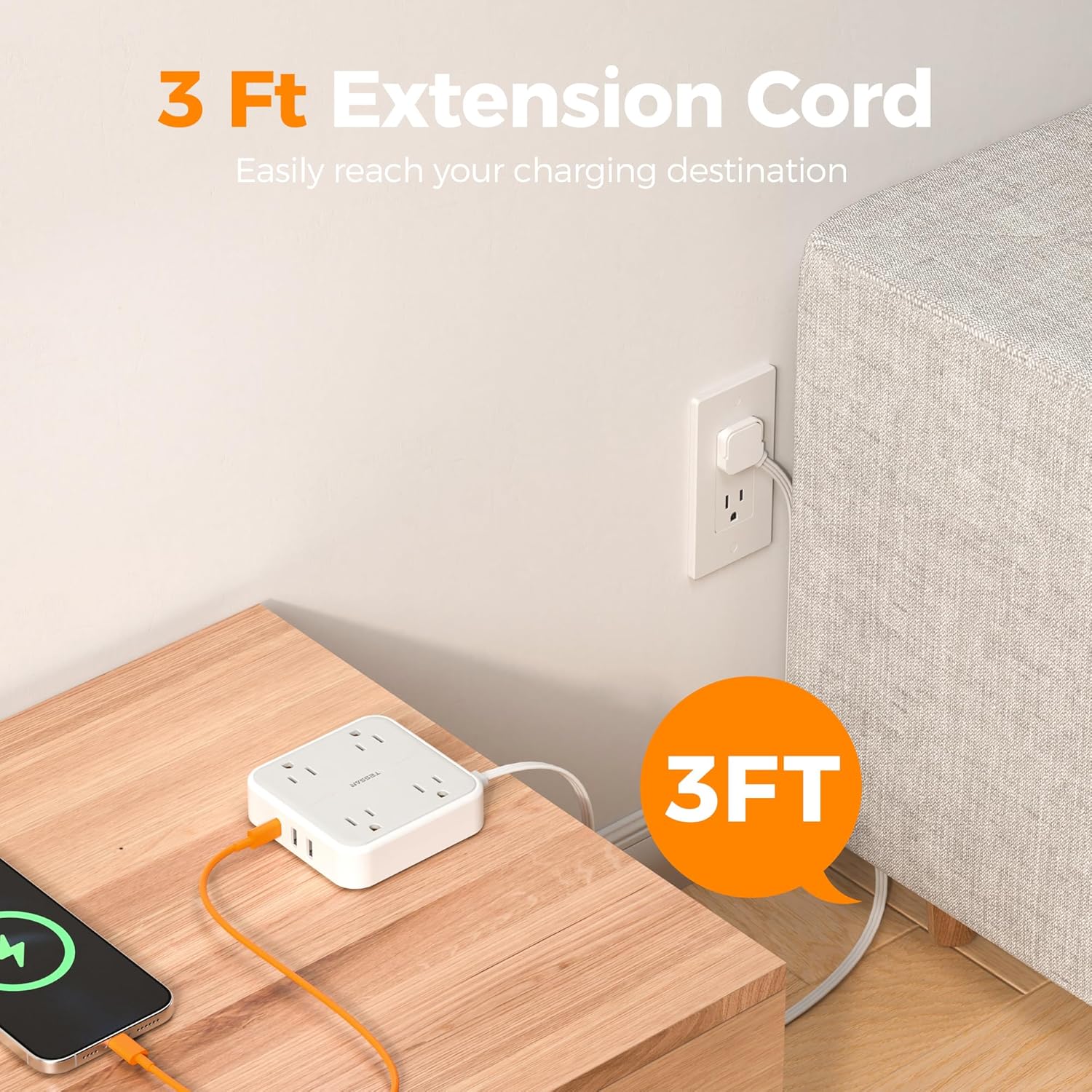 TESSAN Surge Protector Power Strip, 3 Ft Ring Pull Extension Cord with Multiple Outlets, 3 USB (1 USB C) 4 Outlets, 900J Surge Protection, Desktop Charging Station for Home, Office, Dorm Room